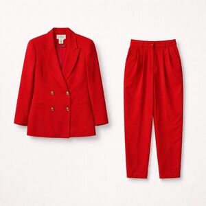 Worthington Petite 14 P Red Polyester Acetate Full Suit With Shoulder Pads